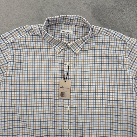 Peter Millar Crown Lite Mens Blue Tan Plaid Button Down Shirt  Casual Size XL - Picture 14 of 16